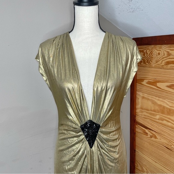 Trina Turk Liquid Gold Carrington Metallic Sequin Beaded V-Neck Dress 6 NWT - Picture 8 of 13